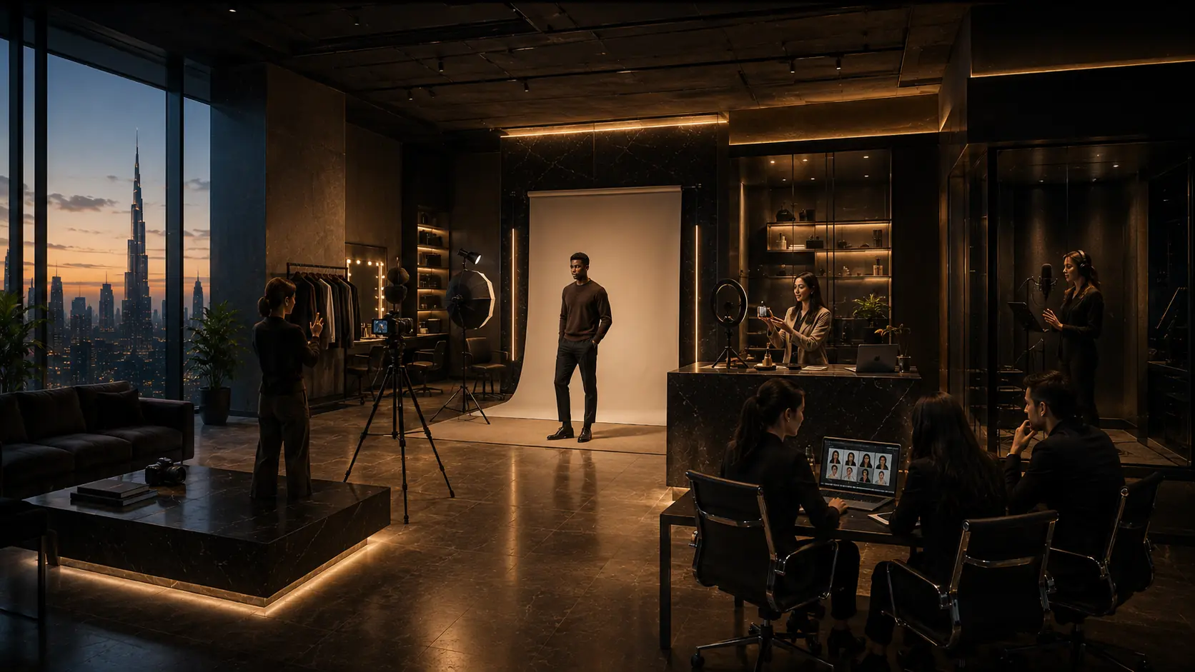 VANTAGE talent preparing for a campaign in the studio.
